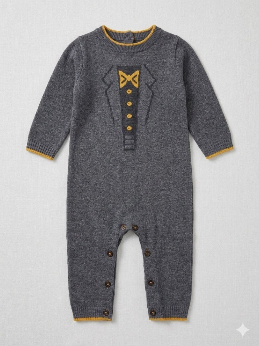deux par deux Gray Knit Footie with Yellow Bow Accent